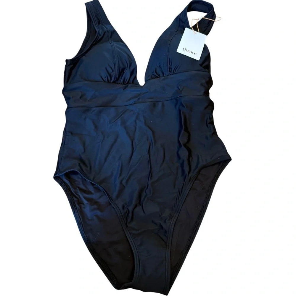 Quince Italian Plunge Ribbed Swim One Piece Bathing Suit XS NEW Black